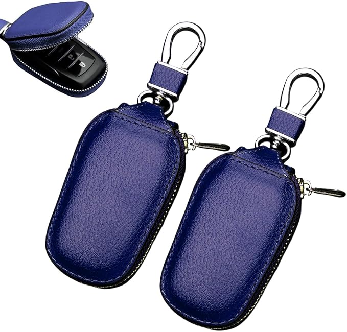 Yourkar 2 PCS Car Key Case, Genuine Leather Auto Key Fob Storage Bag, Key Chain Holder Key Ring Zipper Bag, Car Accessories (Blue)