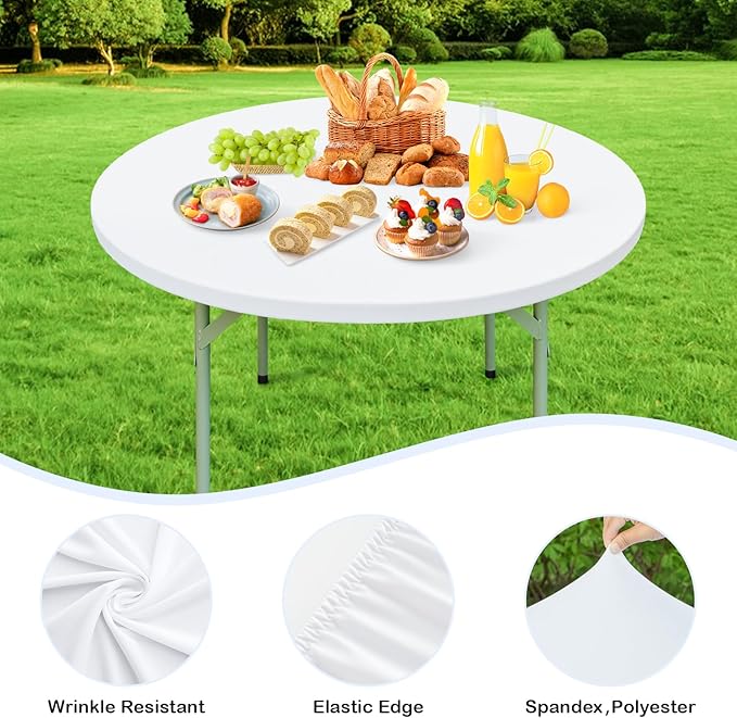 Wolkemer 2 Pack 5 Foot White Fitted Tablecloth 60 Inch Round Elastic Edges Table Cloth, Spandex Stretch Table Cover with Machine Washable Fabric for Wedding Party Picnic Dining Indoor Outdoor