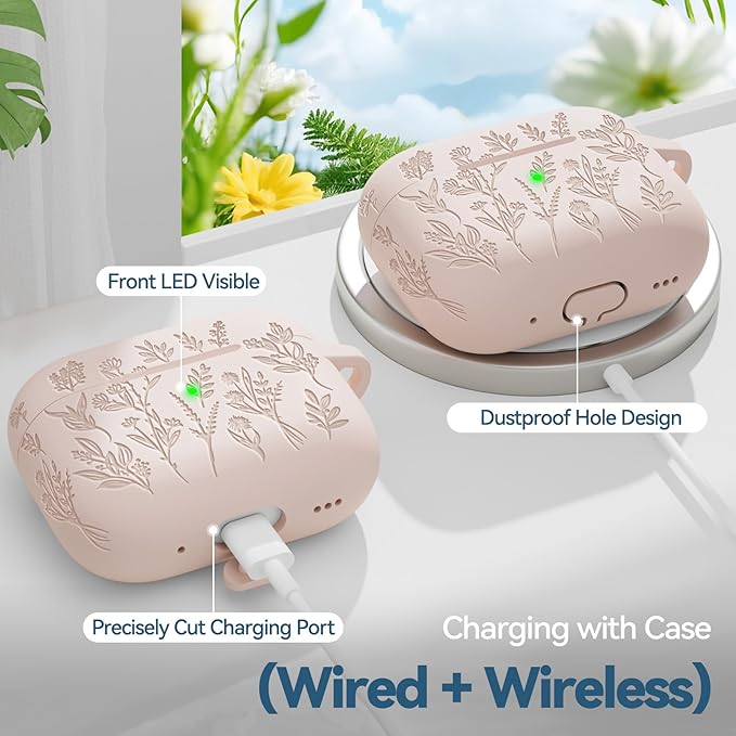 Flower Engraved Case for Apple AirPods Pro 2nd/1st Generation, Soft Silicone AirPods Pro 2 Gen Protective Case Cover for Women Airpod Case with Clean Kit,Carabiner,Front LED Visible,Sand Powder