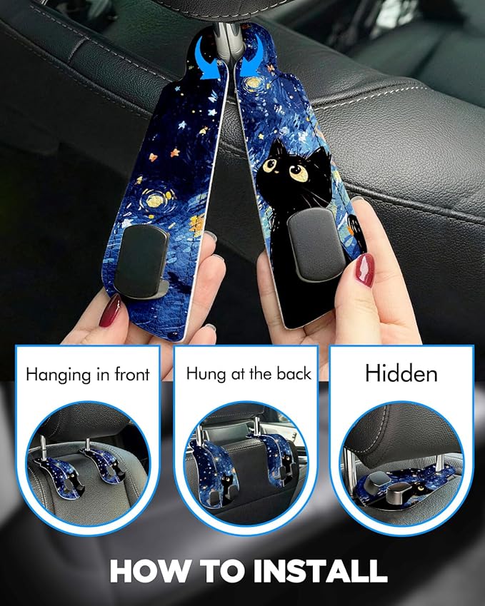 WOCOCN Purse Holder for Car, 2 Pack Heavy Duty Purse Hanger for Car, PU Leather Car Seat Hooks for Purses and Bags, Cute Blue Starry Sky Cat Headrest Organizer for Handbags & Backpacks