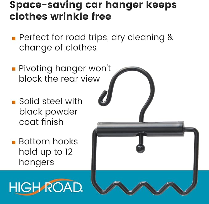 High Road Heavy Duty Car Hanger - Set of 2 Solid Metal Car Clothes Hangers with Carry Handle and Hooks for Dry Cleaning, Moving and Road Trips