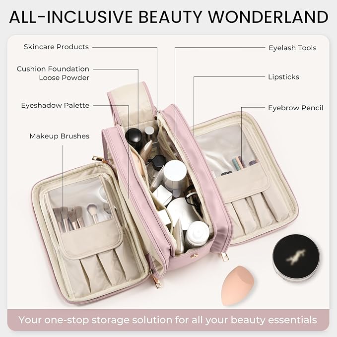 Travel Makeup Bag Women's Large Capacity Cosmetic Portable Organizer Large Opening Waterproof Storage Toiletry Bags Vertical Free-Standing Brush Holder for Easy Access Pink