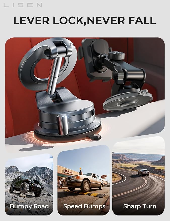 LISEN 2 Pack for Magsafe Car Mount, Magnetic Phone Holder for Car, Strong Magnetic Car Phone Holder, 89 LBS Suction Cup Phone Mount, Phone Holder for Car Dash Mounting Kits for iPhone 17 Pro Max