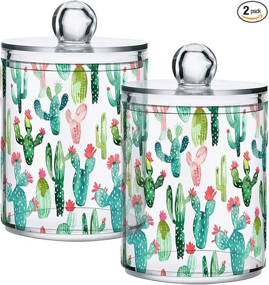 2 Pack Qtip Holder Organizer Dispenser Cactus on White Background Bathroom Storage Canister Cotton Ball Holder Container for Cotton Pads/Swabs/Floss