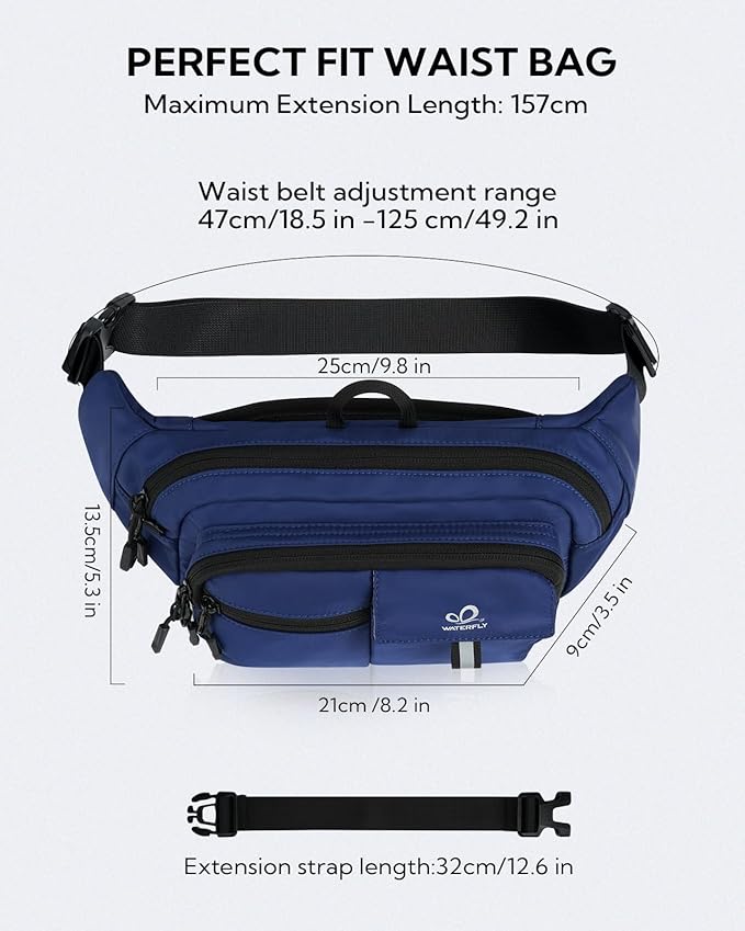 WATERFLY Fanny Pack Waist Bag: 3L Waist Pack with Anti-Theft RFID Blocking, 9 Pockets & Adjustable Belt Water Resistant Hip Pack for Women Men Travel Hiking Running