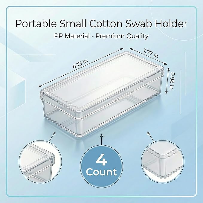 4 Pcs Portable Cotton Swab & Pad Holder for Travel - Clear Plastic Bud Case with Dustproof Lid - Small Dispenser for Floss Picks, Toothpicks, and Beauty Essentials