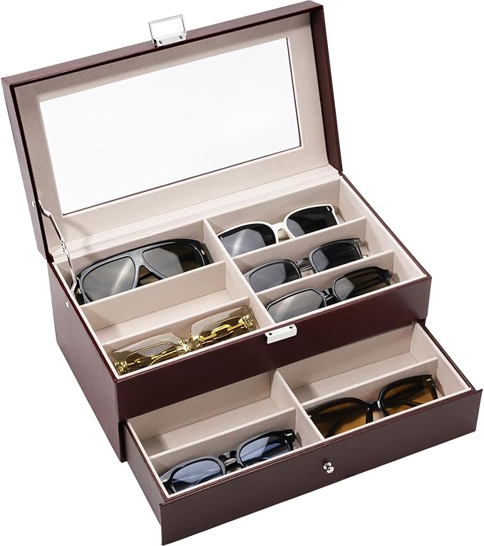 ProCase 12 Slots Sunglasses Organizer, 2 Layer Sunglass Case, Leather Eyeglass Cases for Display and Storage -Brown