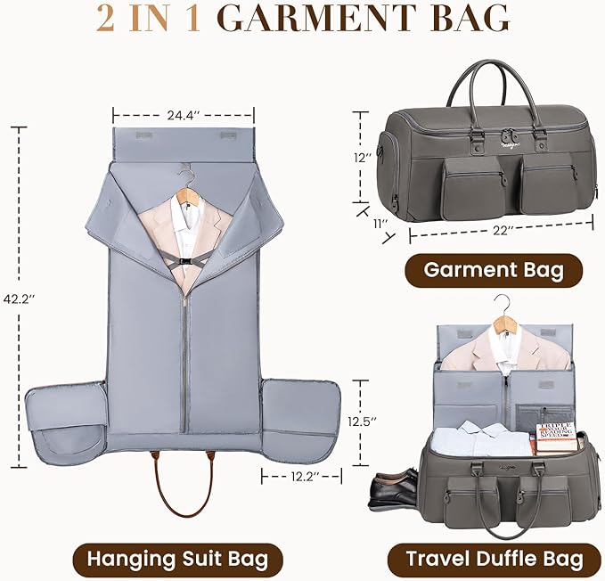 Suit Bag Travel,Vessgra 2 in 1 Leather Duffle Bags for Men 56L Duffel Bags for Traveling PU Leather Garment Bag with Shoe Compartment,Travel Carry on Bag Weekender Bussiness Wedding,Grey