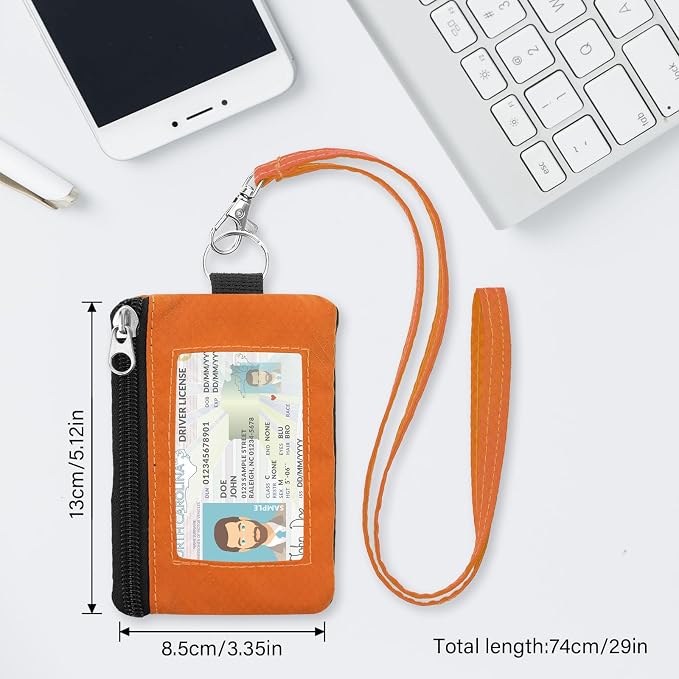 Minimalist Small Wallet for Men Women with 2 Zip Pockets, Multi Functional ID Case with Keychain and Card Holder, Coin Purse Badge Lanyard Pouch for Boys Girls Travel - Orange
