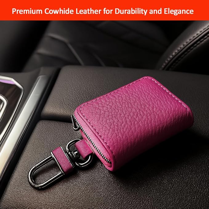 Leather Car Key Case with Zipper, Compact Smart Key Fob Holder with Keychain, Portable Car Key Organizer Pouch