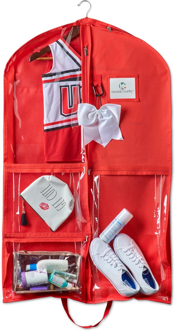 Enhanced Hanging Garment Bag with multiple clear Pockets, carrying straps, front and Side Zippers for Clothes, Dance Costumes, Cheer uniforms, and pageant dresses. (Candy Apple Red, 40 inch-2 pack)