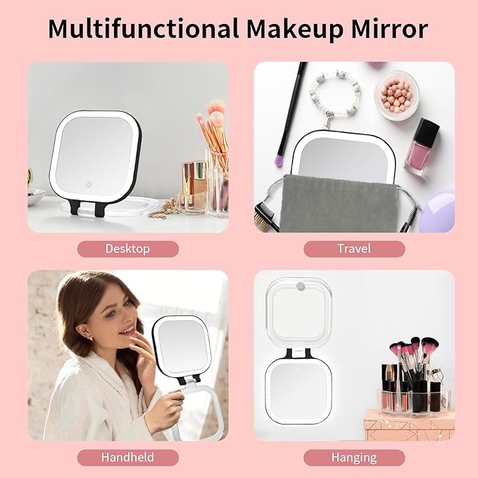 DESCHEN Rechargeable Travel Makeup Vanity Mirror with Lights and Magnification, 7" Portable 1X/10X Magnifying Mirror with 4 Color Light, Lighted Makeup Mirror with Magnification, Folding LED - Black