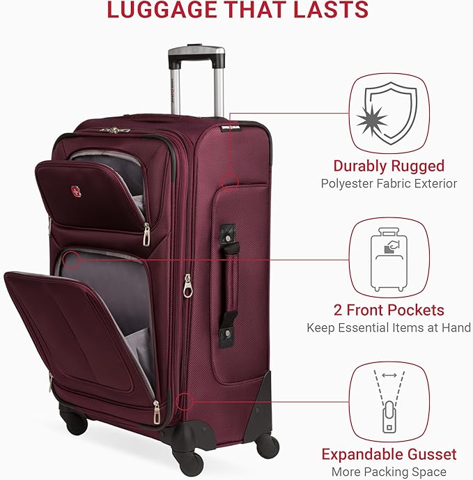 SWISSGEAR Sion Softside Expandable Spinner Luggage Durable Lightweight Travel Suitcase, Merlot, Checked-Medium