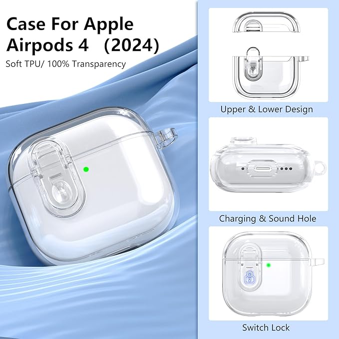 (with Safety Lock) Clear Case Compatible with Cute Apple Airpods 4 Cases 2024 Women, VISOOM Soft TPU Transparency Air pods 4 Gen Case iPods 4 Earbuds Case Girl Bling Keychain for Airpod iPod 4th Gen