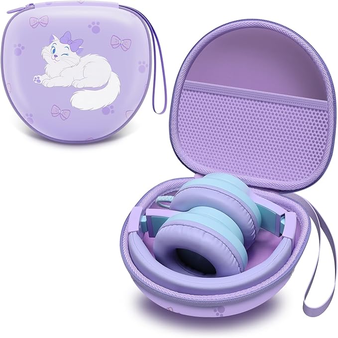 Kids Headphones Case Compatible with iClever HS19 / BTH12 / BTH22 / BTH20, Candy Bila BH03, JoySpark-T5, MIDOLA MD-B01, EarFun, IMYB, Noot Products Foldable Kids Headphones, Cat Purple(Case Only)