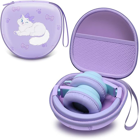 Kids Headphones Case Compatible with iClever HS19 / BTH12 / BTH22 / BTH20, Candy Bila BH03, JoySpark-T5, MIDOLA MD-B01, EarFun, IMYB, Noot Products Foldable Kids Headphones, Cat Purple(Case Only)