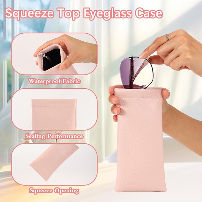 Squeeze Top Sunglass Pouch - Portable Sunglass Organizer Pouch Bags Soft PU Leather Glasses 2 Pack
