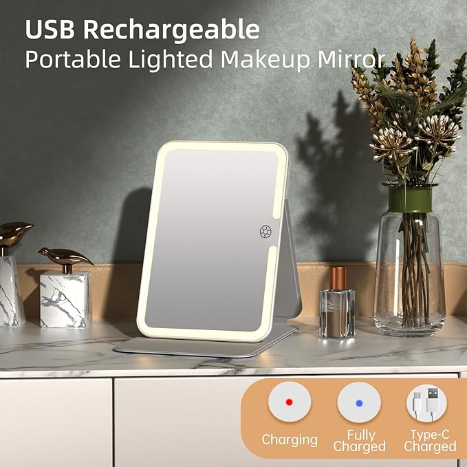 Rechargeable Travel Lighted Makeup Mirror with PU Leather Cover, Portable Travel Makeup Mirror with lights, 3 Color Lighting,Touch Sensor Dimmable, Light Up Tabletop Cosmetic Mirror Folding Flower