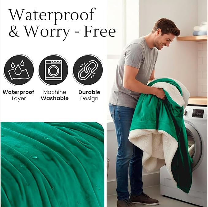 Waterproof Blanket for Bed Intimacy (80"x 60" Queen Size) Reversible Fleece | Sherpa, Love Blanket, Water Proof TPU Stain Proof Couch Furniture Mattress Winter Large Dog Bed Cover - Green