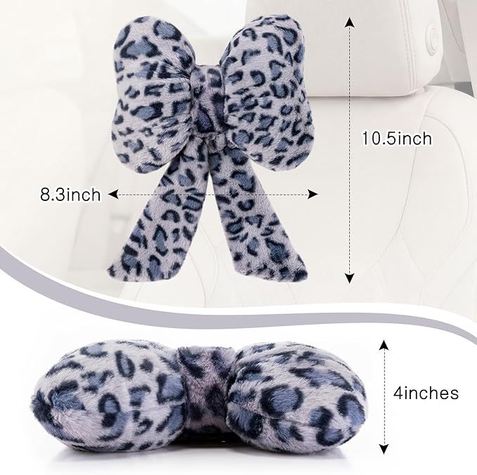 Macarrie 2 Pcs Car Neck Pillow Plush Butterfly Bow Car Headrest Pillow Comfortable Seat Neck Support Cute Head Rest Accessories for Driving Travel Driver Chair Girl Interior Decor(Blue,Leopard)