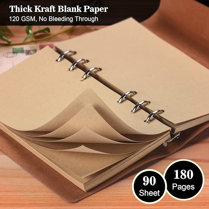 Leather Journal Notebook, Vintage Refillable Journal for Women Girls, Thick Blank Pages for Sketchbook, Planner, Diary, Travel Journals to Write in with Binder Pockets, Beautiful Journal Gift