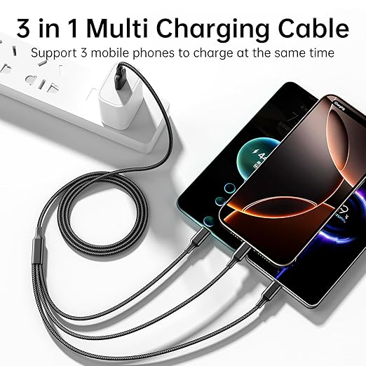 Multi USB Charging Cable 3A, 3 in 1 Fast Charger Cord Connector with Dual Phone/Type C/Micro USB Port Adapter, Compatible with Tablets iPhone 14 13 12 Pro 8 7 Samsung Galaxy (4FT/2Pack Charging Only)