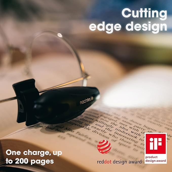 Nachteule Rechargeable Reading Light for Glasses, Headphones or Headband (Included). LED Book Light. Award Winning Clip-on Design Made in Germany. Complimentary Protective Case Included