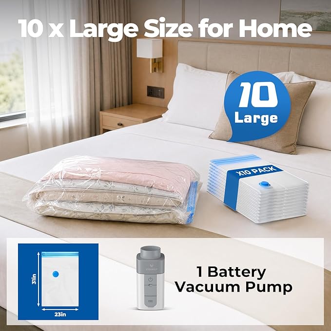 ETENWOLF 10 Pack Large Vacuum Storage Bags with Rechargeable Wireless Pump, Vacuum Seal Bags for Clothes and Travel, Space Saver Compression Bags for Luggage and Suitcases (31.5 X 23.6 inch)