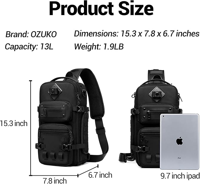 OZUKO Sling Bag for Men, Large Capacity Crossbody Chest Pack, Water-Resistant Tactical Shoulder Backpack with Tripod Holder for Travel, Hiking, Photography(Black)