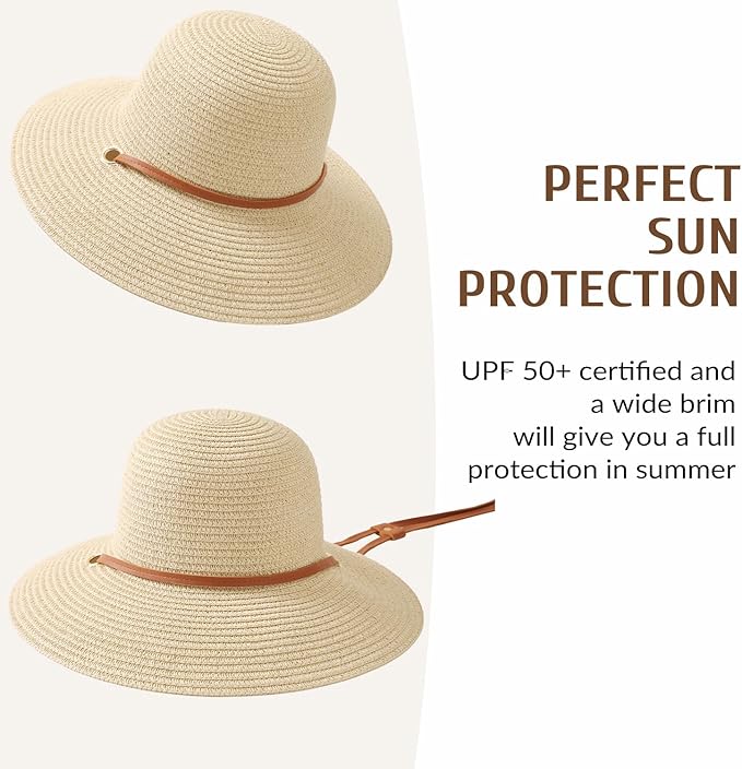 Beach Hat for Women, Wide Brim Sun Straw Hats for Women, Sun Hat Womens UPF 50+ UV Protection, Floppy Foldable Summer Hats