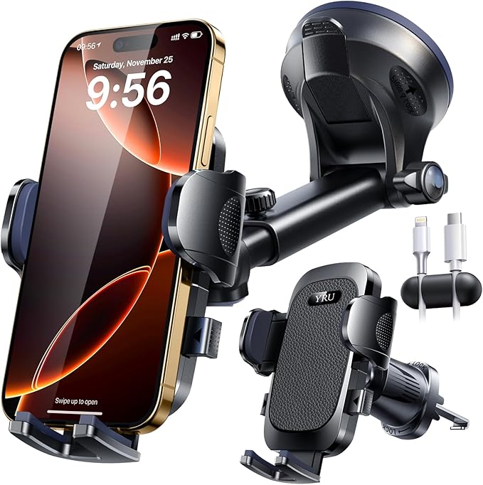 YRU True Military-Grade [360° Rotation Suction] 2026 Ultimate Car Phone Holder Mount 【90+LBS Safest Strongest & Patent Certs】 Dashboard Windshield Vent for iPhone 17 16 Pro Max Samsung, Matt Black