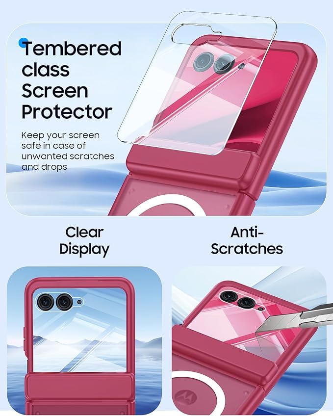 Magnetic for Motorola Razr 2025 Case/Razr 2024 Case,Hinge Protection, Screen Protector, Compatible with MagSafe, Translucent Frosted, Shockproof Slim Cover for Razr 2025/2024-Rose Red