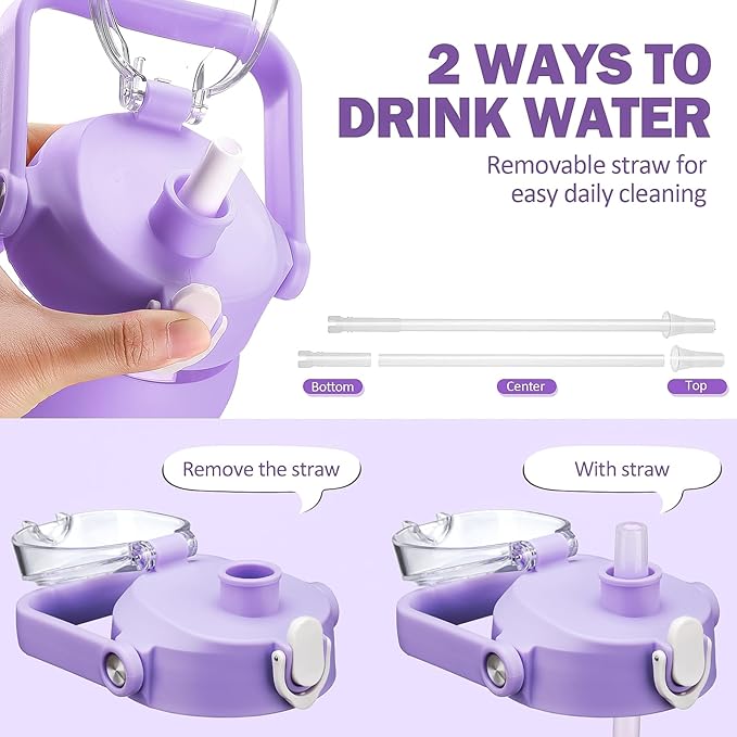 64oz Glass Water Bottles with Straw, Half Gallon Motivational Glass Bottle with Silicone Sleeve and Time Marker, 2L Leakproof Large Glass Water Jug for Gym Home Office, Purple