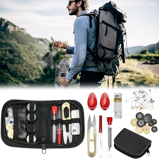 QWORK Military Sewing Kit Tactical Survival Repair Set with Heavy Duty Nylon Zipper Case, Basic Mending Tools with Military Buttons & 3 Large Thread Spools for Camping & Field Use