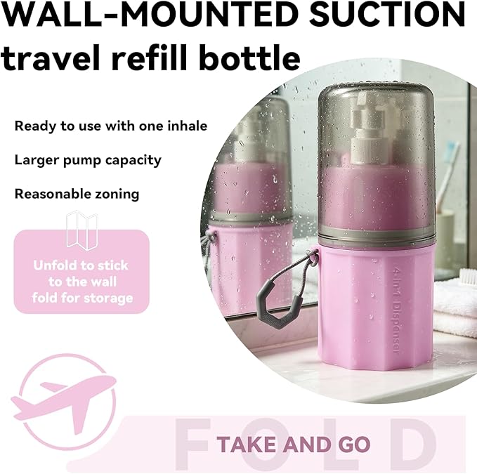 4 in 1 Travel Dispenser，Unbreakable Silicone Travel Dispenser Bottle, Vacuum Suction Wall Mounted Refillable Containers,Leakproof Toiletry Containers for Shampoo, Lotion, Baby Care-Pink.