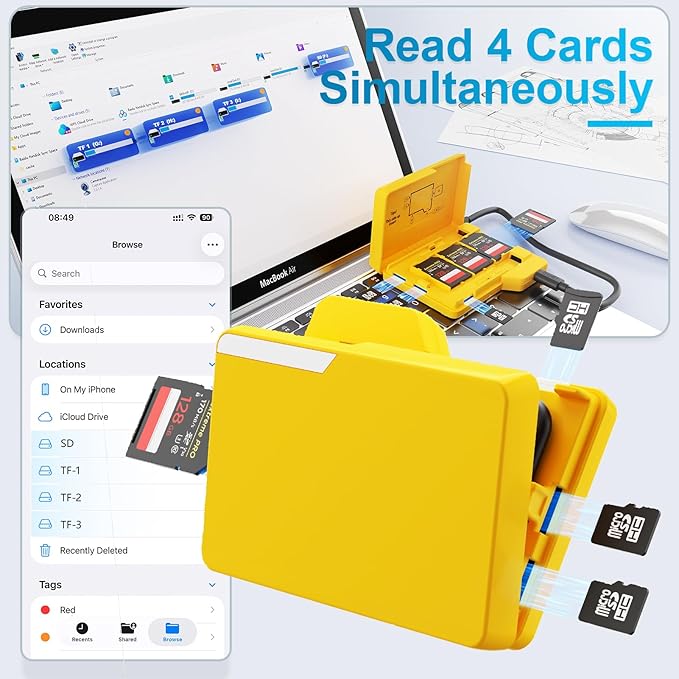 BUDI SD Memory Card Reader 4 Cards Simultaneously Read and Write with 15 Slots Folder-Styled Storage Case Type-C Compatible with lPhone 17/16/15/Pro Max/Photography/Security Camera