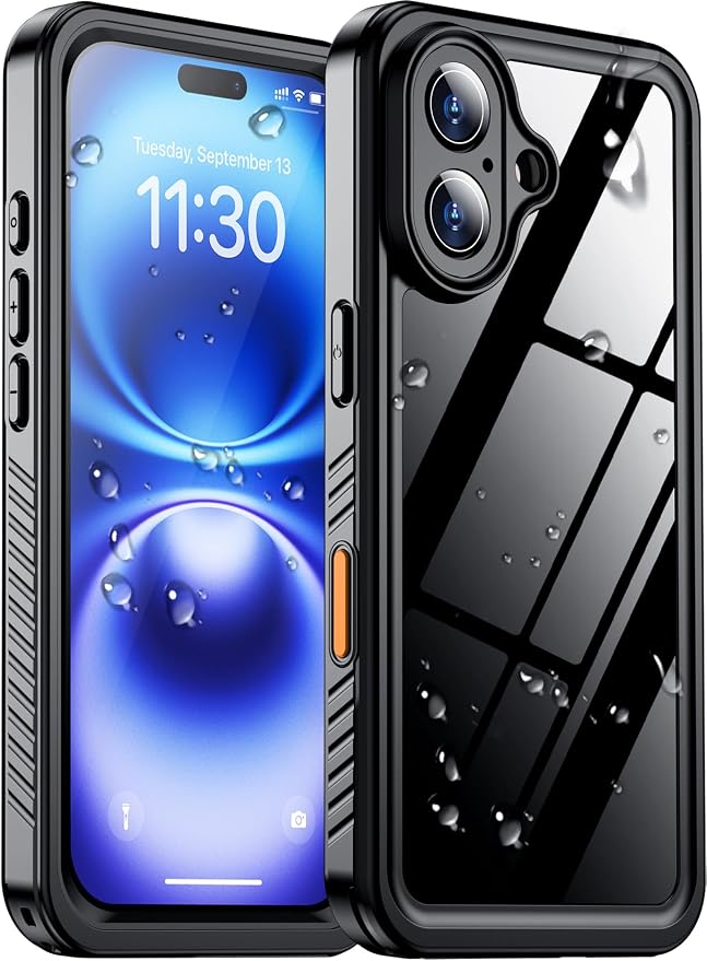 Compatible with iPhone 16 Case Waterproof, Built-in Screen & Camera Protector IP68 Underwater Full Body 16FT Military Dropproof Shockproof Phone Case 6.1"-Black/Clear
