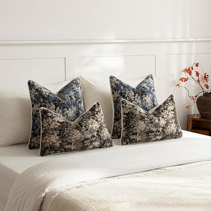 DEZENE Pack of 2 Vintage Floral Throw Pillow Covers 18x18 Boho Farmhouse Accents Chenille Square Decorative Pillow Cases for Living Room Couch Bed Home Decor, Dusty Blue