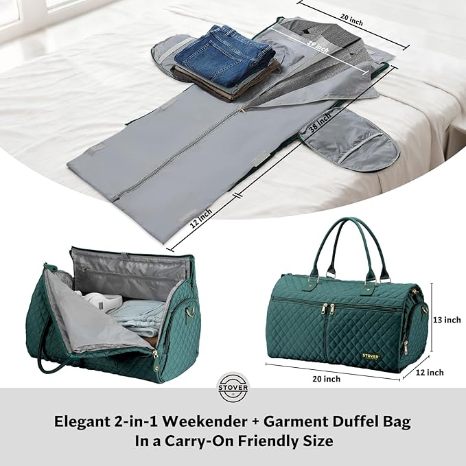 STOVER Women’s Convertible Garment Duffel Bag for Travel – 2-in-1 Carry-On Weekender/Overnight Tote - Wrinkle-Free Dresses, Suits & Clothes + Shoe Compartment & Bonus Toiletry Bag (Emerald Green)