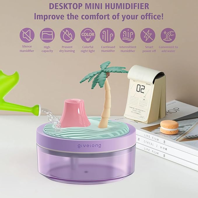 PRATIQUE Mini Portable Desktop Humidifiers for Bedroom,Small Humidifier with Cocount Tree,Quiet,Cool Mist, Auto Off,7 Colors Night Light,320ml Air Humidifier Home Office Travel (PURPLE)