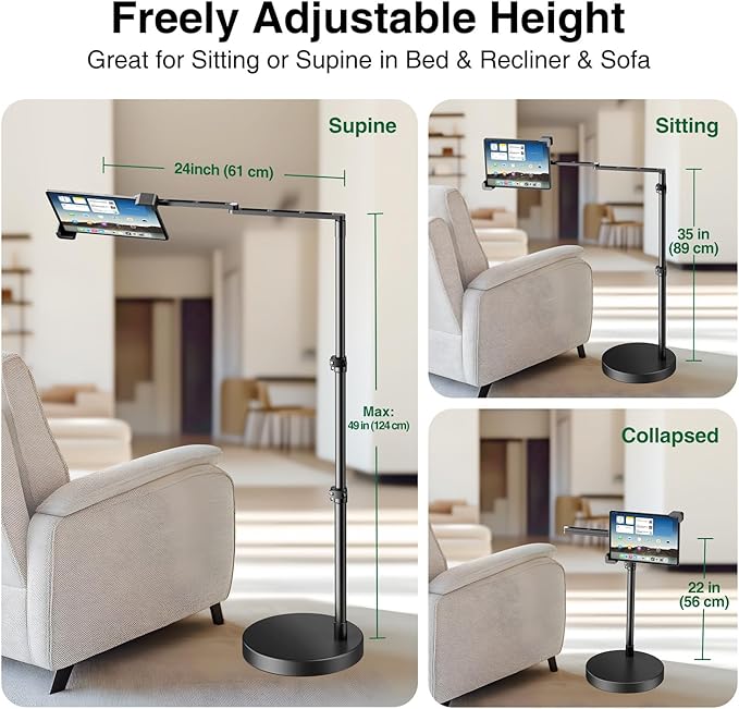 elitehood Diagonal Design iPad Floor Stand with Heavy Duty Base, 24in Horizontal Long Arm Tablet Floor Stand Holder for Bed Recliner Sofa, Compatible with iPad mini Air Pro 13/12.9 and 9-13in Devices