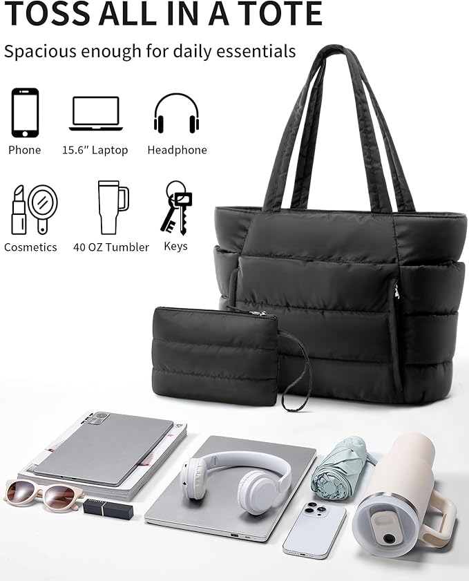 Bagstellar Puffer Tote Bag for Women, Lightweight Puffy Work Handbag Teacher Nurse Quilted Shoulder Bag for School Travel Gym | Cloud Bag w/ Zipper