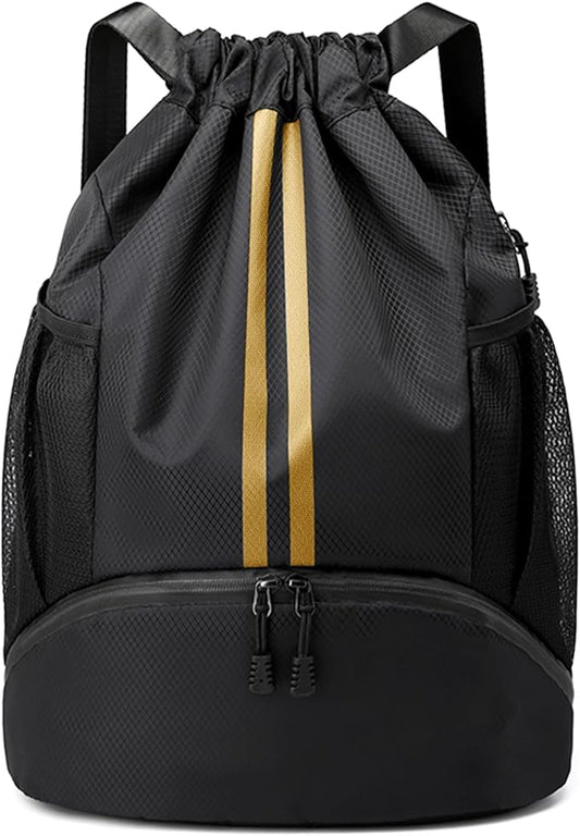 JELUTAR Drawstring Backpack Gym Bag with Shoes Compartment for Soccer, Basketball, Swim, Water-Resistant String Backpack Beach Cinch for Women Men, Black Gold