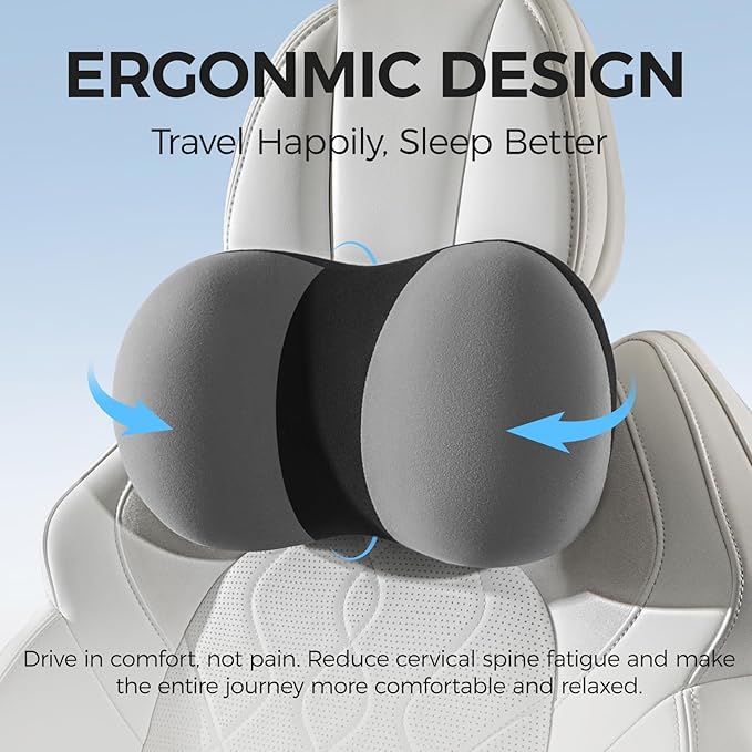 BABUR Car Headrest Pillow, 100% Memory Foam Softness Neck Support Pillow, Universal Fit Head Rest Travel Pillow for Pain Relief While Driving, Gray