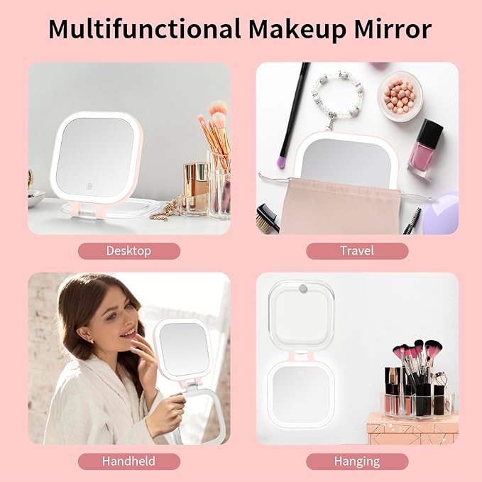 DESCHEN Rechargeable Travel Makeup Vanity Mirror with Lights and Magnification, 7" Portable 1X/10X Magnifying Mirror with 3 Color Light, Lighted Makeup Mirror with Magnification, Folding LED - Pink
