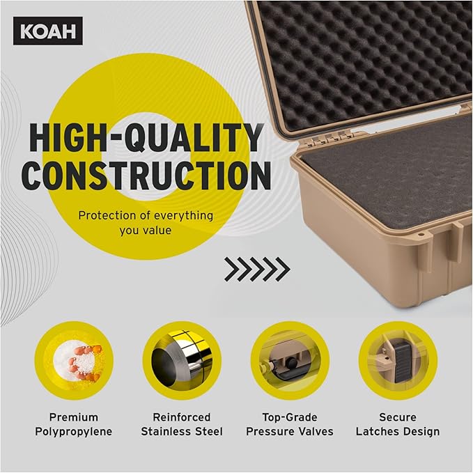 Koah Weatherproof Hard Case with Customizable Foam (18 x 14 x 7 Inch) - Tan