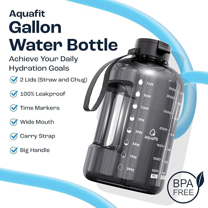 AQUAFIT 1 Gallon Water Bottle with Time Marker - Straw & Chug Lid - BPA Free Gym Water Bottle with Straw - Big Gallon Jug (Aqua, 128 oz - 2 Lids)