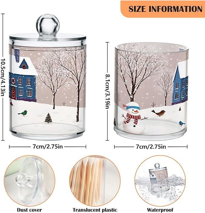 Gredecor Christmas Winter Qtip Holder Dispenser 2 Pack Snowmen Snow Courtyard with Trees Bathroom Decorative Storage Canister Holder Counter Vanity Organizer for Cotton Ball Swabs Pads Floss