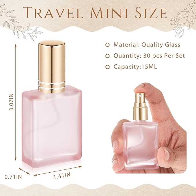 Domensi 30 Pcs 10/15/30/50 ml Glass Perfume Bottles Mini Glass Empty Spray Atomizer Bottles Bulk Refillable Perfume Dispenser Container with Pump Tool for Travel Skin Care (15 ml,Folral Color)