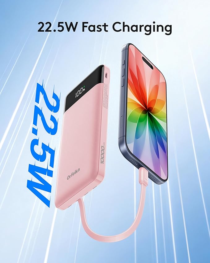 Orfeika Portable Phone Charger, 10000mAh Portable Charger 22.5W Fast Charging Power Bank with Built-in Cables, Travel Essential Battery Pack Compatible with iPhone, Samsung, Google, iPads, etc